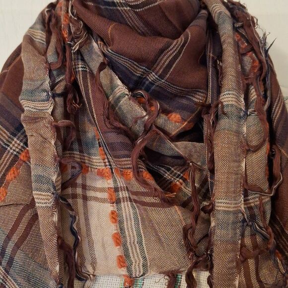 Brown plaid square fringe scarf forever 21 accessory Balaclava shawl wrap - Picture 1 of 7
